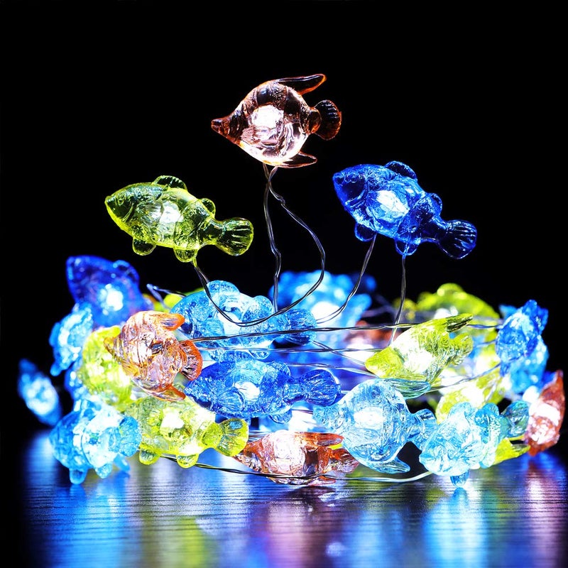 WSgift Tropical Fishes Decorative String Lights, 18.7 Ft 40 LED USB Plug-in Silver Copper Wire Beach Theme Fairy Lights for Indoor Outdoor Decoration Projects (Cool White, Remote Control with Timer) - Image 1
